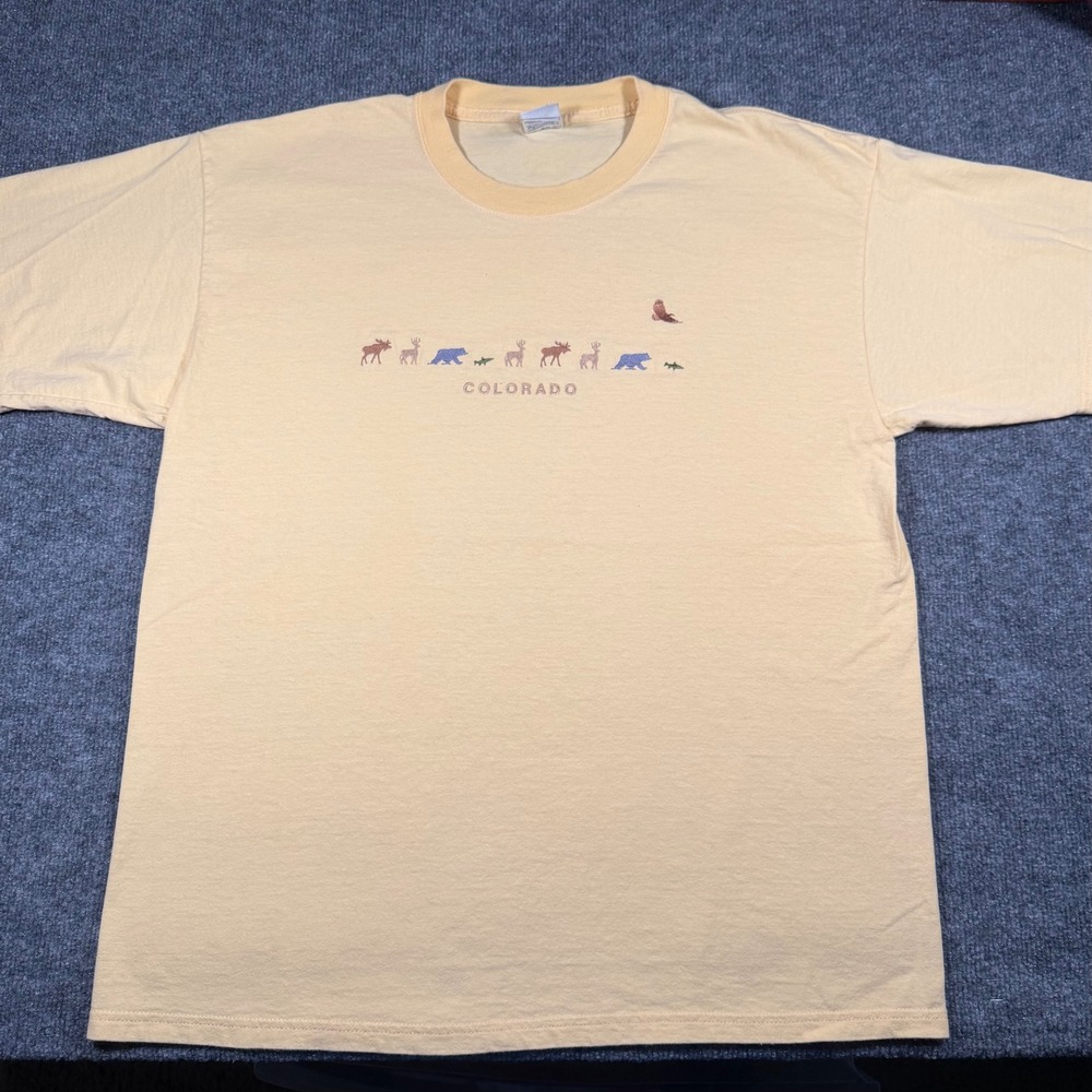 Vintage Colorado Wildlife Animals Embroidered T-Shirt Mens XL Yellow Cotton - Picture 2 of 6